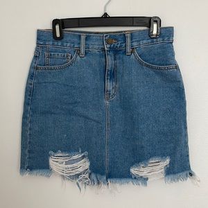 Distressed denim jean skirt